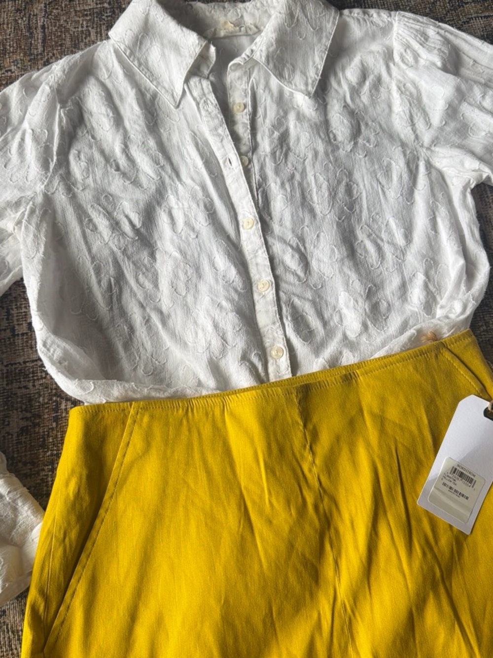 Nordstrom White Embroidered Button-Down Shirt with yellow linen shorts